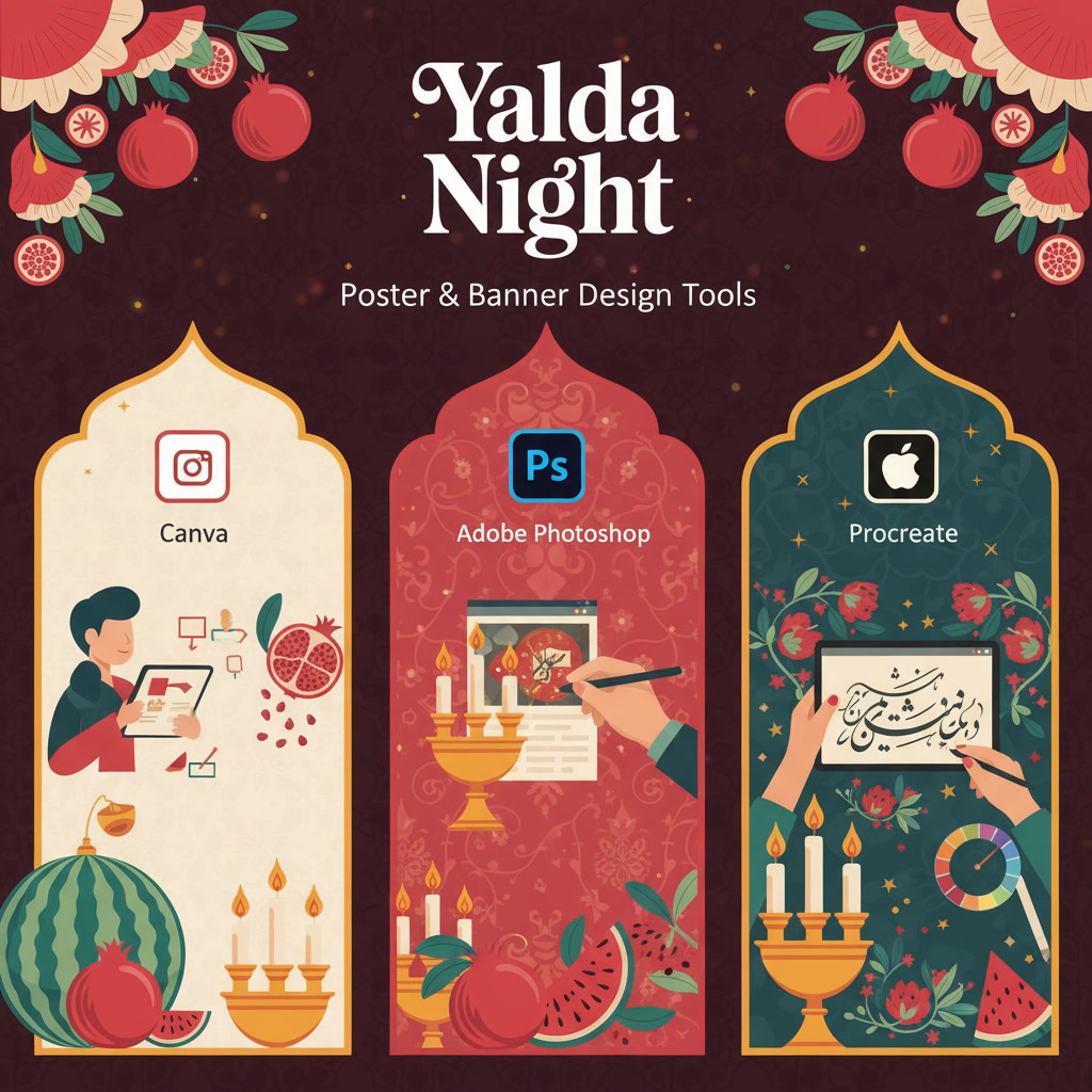 gemini 2.5 flash image Create a cultural and artistic infographic for Yalda Night showing three poster  0 - 3 ابزار طراحی پوستر و بنر برای شب یلدا | هنر در خدمت فرهنگ و سنت