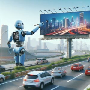 تصویری از یک ربات پیشرفته در حال طراحی بیلبورد