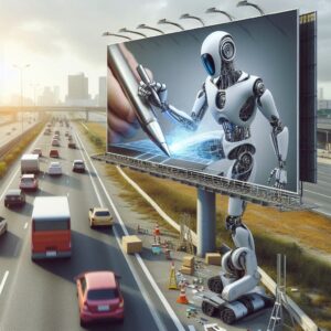 تصویر یک ربات پیشرفته در حال کار با تبلت روی بیلبورد کنار بزرگراه شلوغ نماینگر فناوری و هوش مصنوعی مدرن