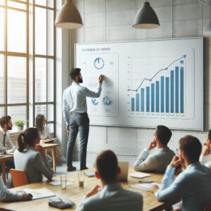 عکسی از یک جلسه کاری با حضور چند نفر فردی در حال ارایه نمودار بر روی تخته