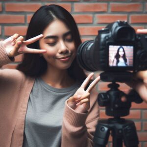 زن جوان در حال فیلمبرداری با زست دست و دوربین حرفه ایی