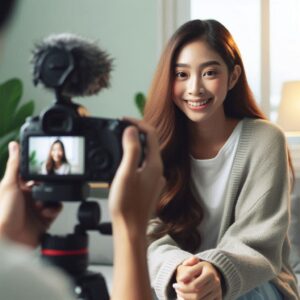 زنی با موهای بلند در حال فیلمبرداری با گوشی هوشمند خود در محیط داخلی