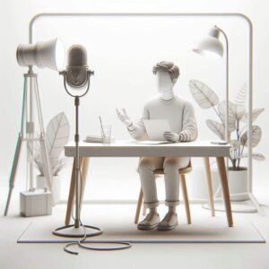 فردی در حال ضبط محتوا با میکروفون و تجهیزات نورپردازی در استودیو