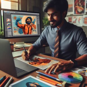 طراح خلاق در حال کار با ابزار های هنری با مانیتور و رنگ ها